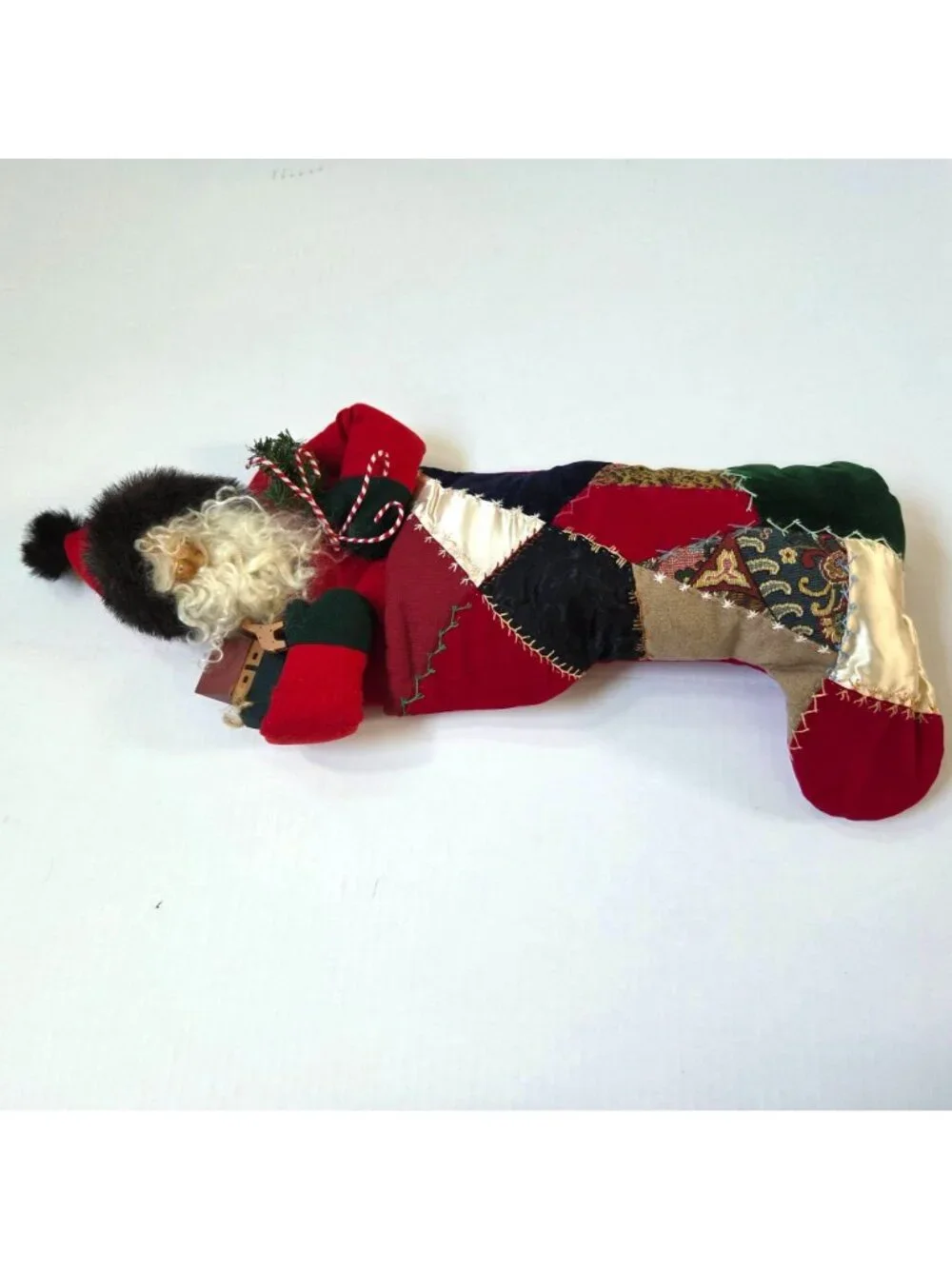 Vintage House of Hatten Crazy Quilt Patchwork Stocking 3D Santa Folk Art